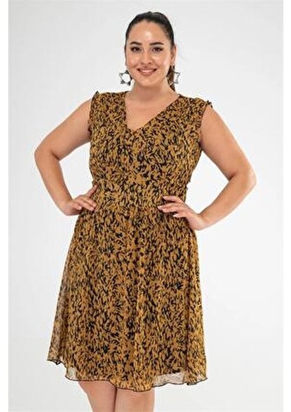 Büyük Beden Ares V Yaka Elbise Siyah-Hardal