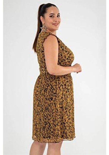 Büyük Beden Ares V Yaka Elbise Siyah-Hardal fiyatları