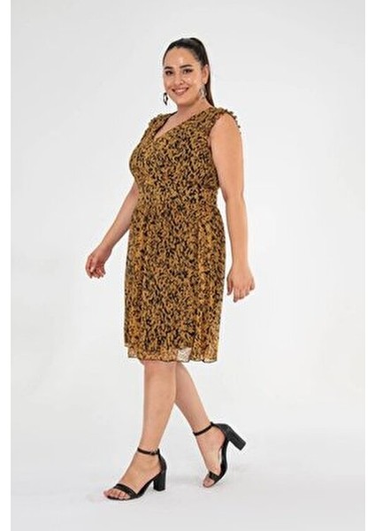 Büyük Beden Ares V Yaka Elbise Siyah-Hardal modelleri