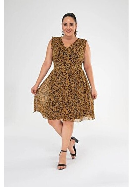 Büyük Beden Ares V Yaka Elbise Siyah-Hardal