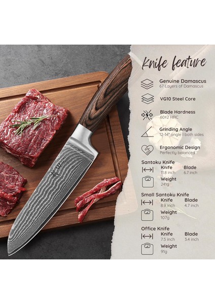 Wakoli Edıb 3’lü Alman Damaskus Bıçak Seti (67 Kat Çelik, Pakkawood Sap, Ahşap Hediye Kutusunda) | Profesyonel ve Hobi Şefler Için Premium Mutfak Bıçakları fiyatları