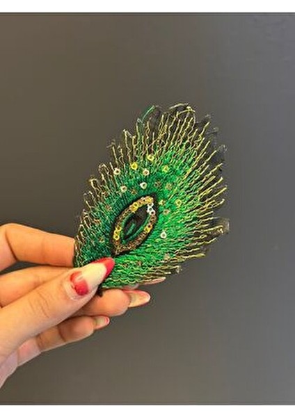 Ütü Ile Yapışan Payetli Yeşil Tavus Kuşu Kanadı Arma 10X6 cm