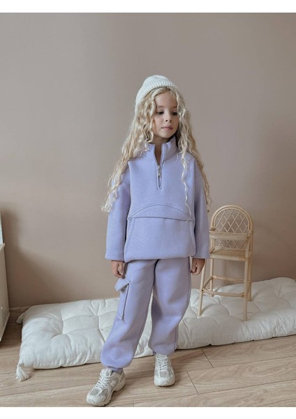 Kız Çocuk Kanguru Cepli Sweatshirtli Kışlık Takım