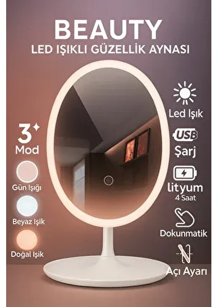 Yuvarlak Stil LED Işıklı Portatif 3 Modlu Makyaj Aynası Masa Lambası Masa Aynası 1 Adet