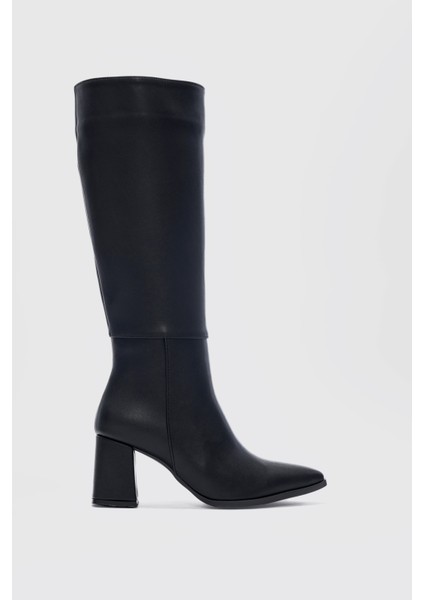 Avira Sivri Burunlu Kalın Topuklu Kadın Çizme- Siyah