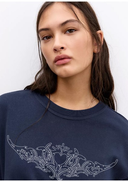 - Kadın Tac Stres Taş Baskılı Kısa Kollu Tshırt Pamuklu Oversize