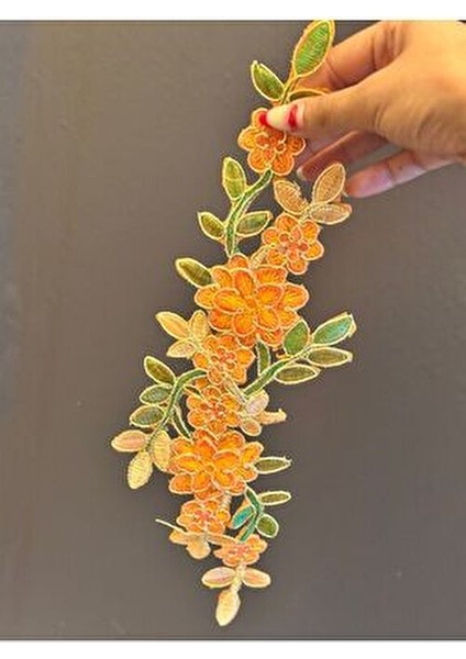 Ütü Ile Yapışan Varaklı Sarmaşık Çiçekli Arma Dikiş Aplike 38X12 cm Turuncu
