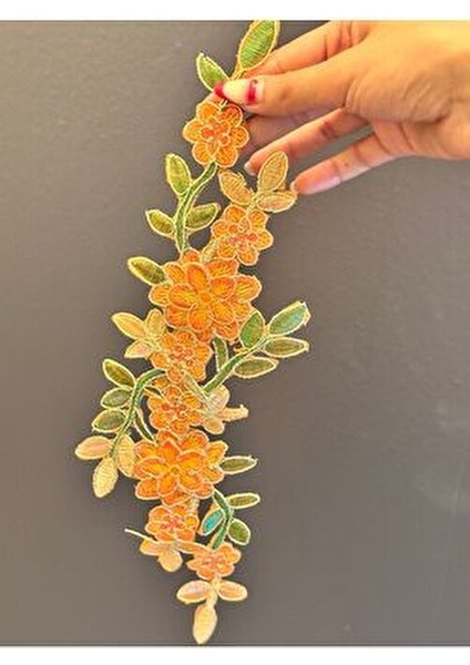 Ütü Ile Yapışan Varaklı Sarmaşık Çiçekli Arma Dikiş Aplike 38X12 cm Turuncu modelleri