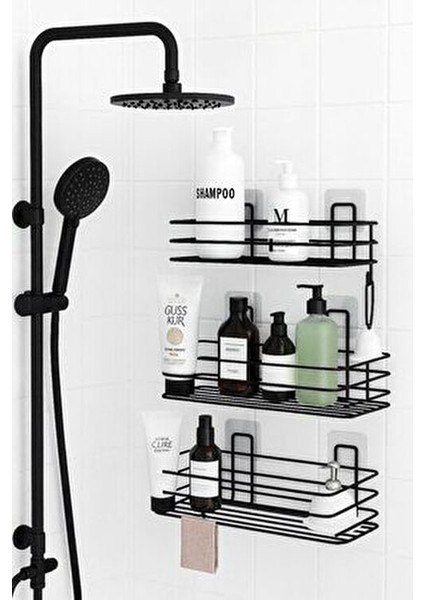 Delmeden Yapıştır – 3 Katlı Banyo Duvar Rafı, Şampuan & Duş Organizer, Siyah Ömür Boyu Paslanmaz