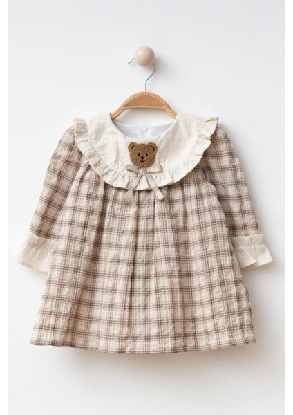 Ayıcık Panç Detaylı Kız Çocuk Pamuk elbise - Kahve