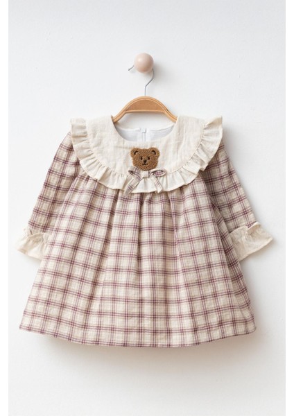 Ayıcık Panç Detaylı Kız Çocuk Pamuk elbise - Mor