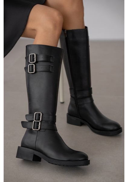 Benny Bilek Çift Toka Detaylı Kadın Çizme-Siyah