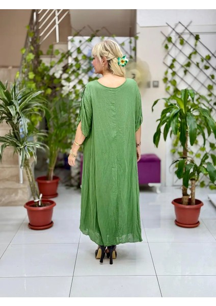 VL7010 Büzgülü Yarım Kol Vual Elbise Yeşil fiyatları