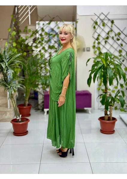 VL7010 Büzgülü Yarım Kol Vual Elbise Yeşil modelleri