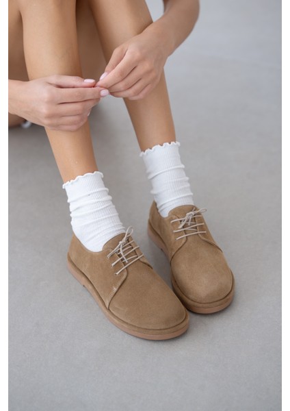 Velura Bağcık Detaylı Süet Kadın Loafer-Taba Süet