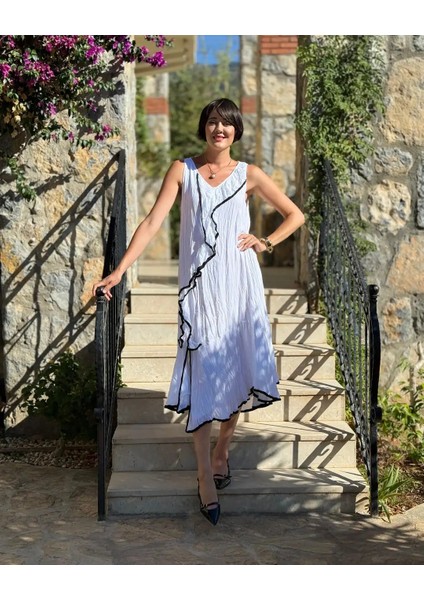 VL7051 Ispanyol Vual Elbise Beyaz