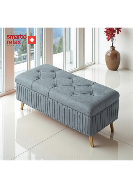 Swiss Style puf , Appenzell KapitoneSandıklı Puf, Babyface Kaplama, 110x40x45 cm, Ahşap Ayaklı ,Sandıklı Dekoratif Puf(Gri)