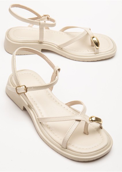 Kadın Bej Gold Yüzük Detaylı Günlük Sandalet modelleri