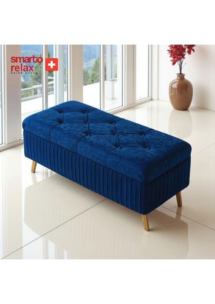 Swiss Style puf , Appenzell KapitoneSandıklı Puf, Babyface Kaplama, 110x40x45 cm, Ahşap Ayaklı ,Sandıklı Dekoratif Puf (Lacivert)