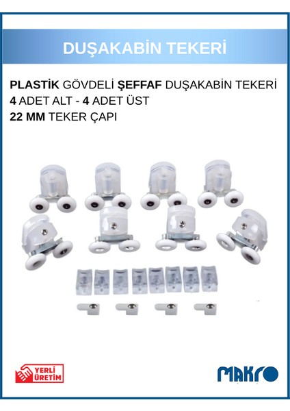 Duşakabin Tekerleği 8'li Cam Kabin Tekeri Rulman Şeffaf Plastik Gövdeli Çift Tekerlekli