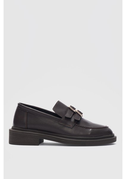 Gavin Çift Ayarlanabilir Gold Toka Detaylı Ortopedik Kadın Loafer- Acı Kahve