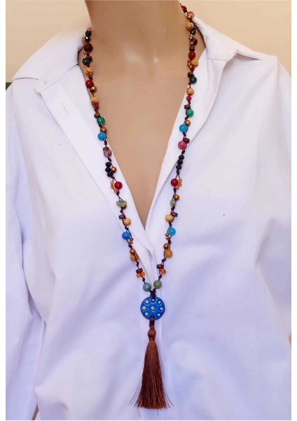 Tibet Süryani Taşı ve Doğal Taş Detaylı Uzun Kolye – Ipek Püsküllü, El Yapımı Tasarım