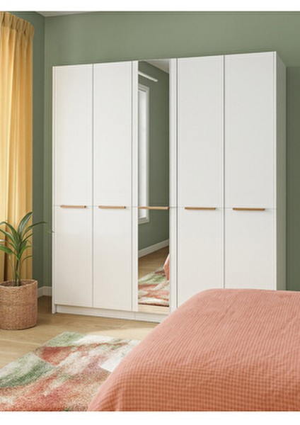 Cosmos 5 Kapaklı Aynalı Gardırop 206 cm – Geniş Iç Hacimli, Modern Beyaz Dolap