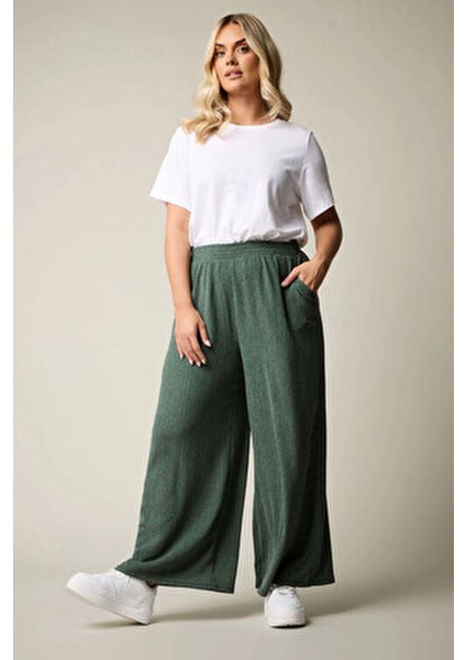 Büyük Beden Kadın Beli Lastikli Bol Paça Cepli Pantolon Pamuklu 304010 Günlük Kullanım İçin