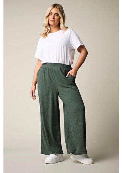 Büyük Beden Kadın Beli Lastikli Bol Paça Cepli Pantolon Pamuklu 304010 Günlük Kullanım İçin