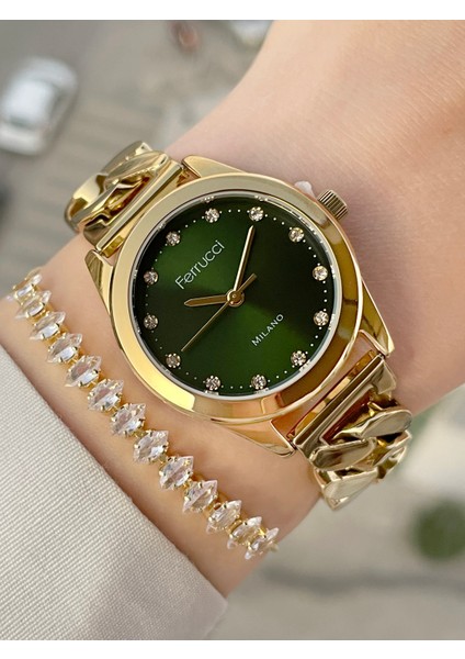 Zincir Kordonlu Kadranı Yeşil Kadın Kol Saati ve Bileklik