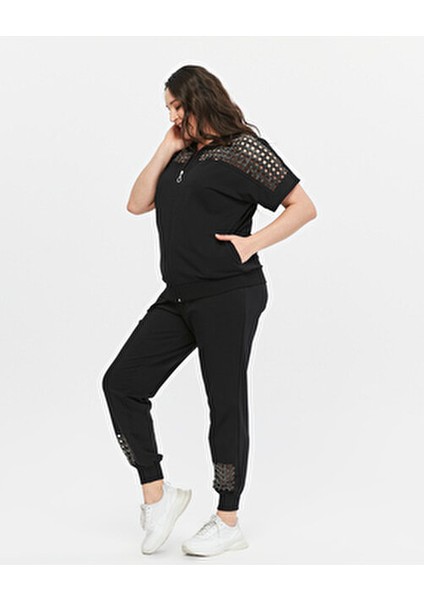 Kadın Büyük Beden Siyah, Roba ve Paça Transparan Detaylı Taş Baskılı Eşofman Takım 65N39089
