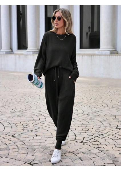 Kadın Rahat Kalıp Örgü Triko Tasarım Siyah Takım