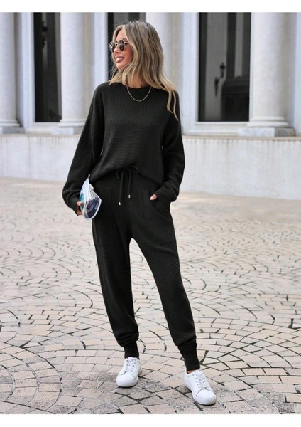Kadın Rahat Kalıp Örgü Triko Tasarım Siyah Takım fırsatları