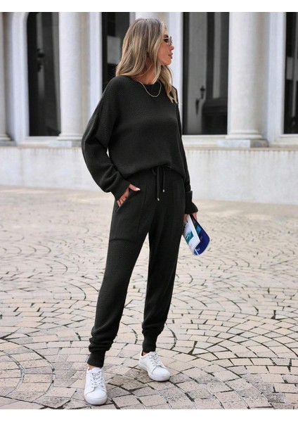 Kadın Rahat Kalıp Örgü Triko Tasarım Siyah Takım indirimleri