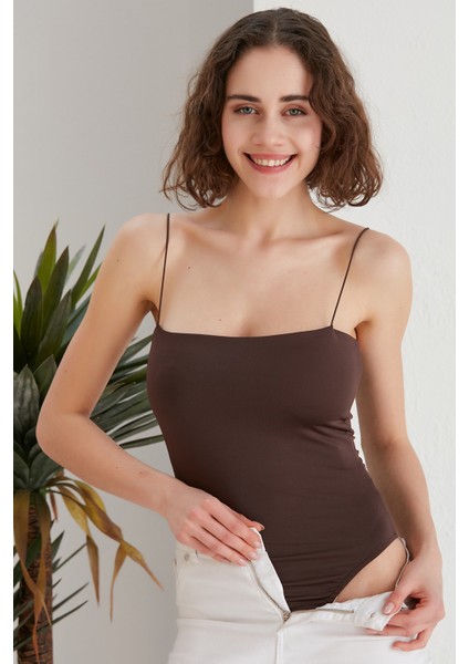 Kadın Çıtçıt Zıbınlı Vücudu Saran Bodysuit Spor Şık Askılı Bluz