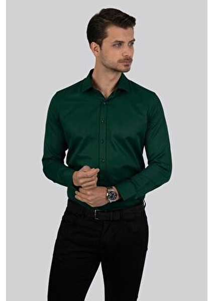 Kına Yeşili Slimfit Erkek Gömlek Klasik Stil Uzun Kol Cepsiz Tüm Sezonlar İçin