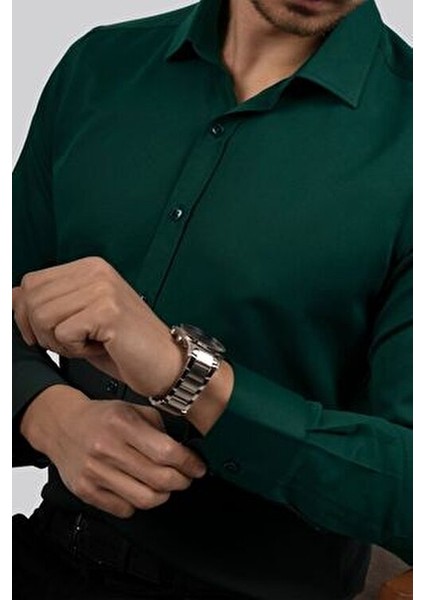 Kına Yeşili Slimfit Erkek Gömlek Klasik Stil Uzun Kol Cepsiz Tüm Sezonlar İçin fiyatları