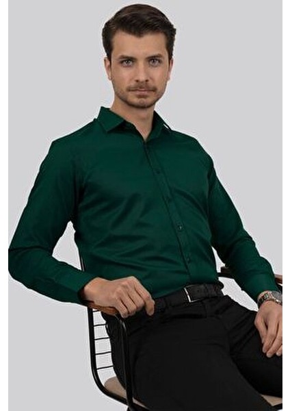 Kına Yeşili Slimfit Erkek Gömlek Klasik Stil Uzun Kol Cepsiz Tüm Sezonlar İçin modelleri