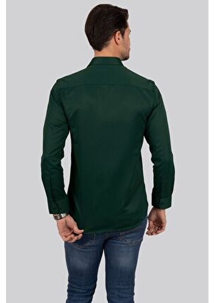 Kına Yeşili Slimfit Erkek Gömlek Klasik Stil Uzun Kol Cepsiz Tüm Sezonlar İçin