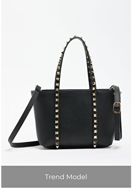 Siyah Kadın Zımba Detaylı Pu Deri Tokalı El ve Omuz Çantası