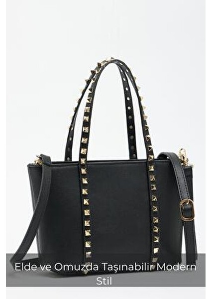 Siyah Kadın Zımba Detaylı Pu Deri Tokalı El ve Omuz Çantası modelleri