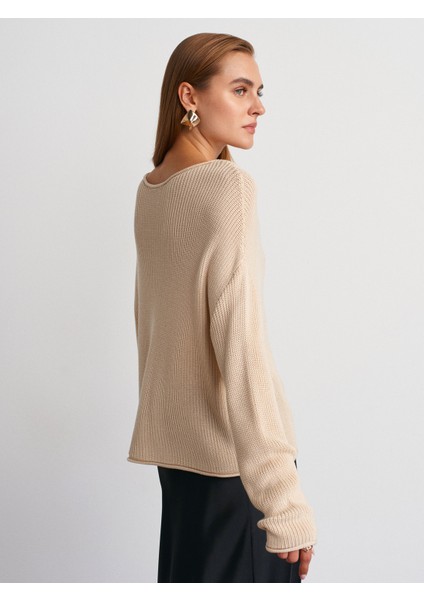 10804 Kayık Yaka Basic Triko Kazak-Bej fiyatları