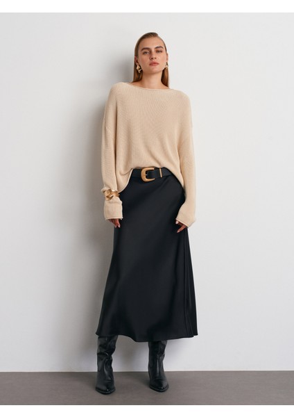 10804 Kayık Yaka Basic Triko Kazak-Bej indirimleri