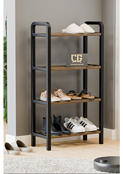 Three 4 Katlı Ahşap Ayakkabılık 50 cm Ahşap Çubuklu 4 Bölmeli Eko Raf Ünitesi Düzenleyici