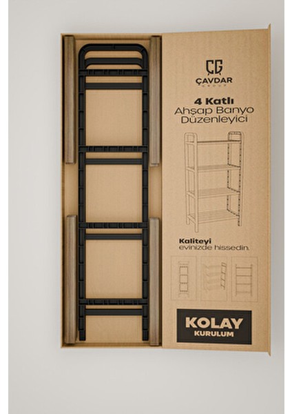 Three 4 Katlı Ahşap Ayakkabılık 50 cm Ahşap Çubuklu 4 Bölmeli Eko Raf Ünitesi Düzenleyici