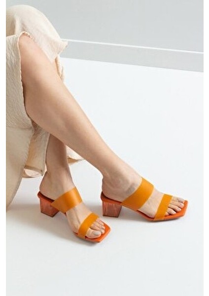 123 Turuncu Cilt Topuklu Şeffaf Kadın Terlik