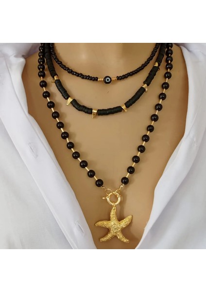 Gotik Deniz Yıldızı Üç Sıra Oniks Doğal Taş Kolye