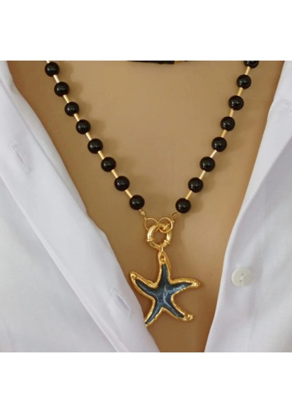 Gotik Deniz Yıldızı Üç Sıra Oniks Doğal Taş Kolye fiyatları