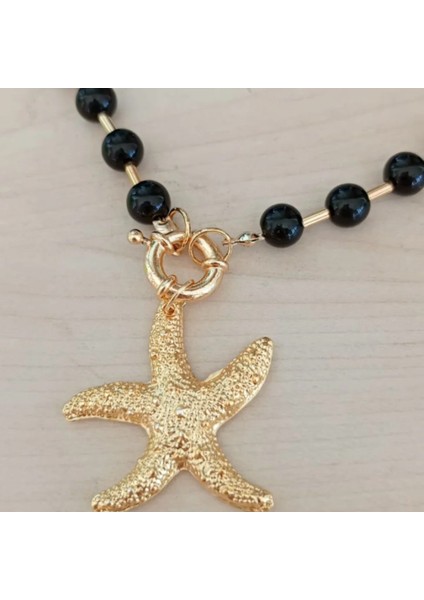Gotik Deniz Yıldızı Üç Sıra Oniks Doğal Taş Kolye modelleri