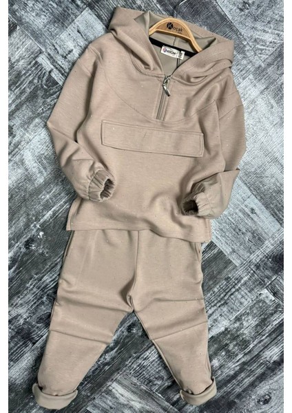 Taş Işlemeli Kapüşonlu Kız Çocuk takım - Krem